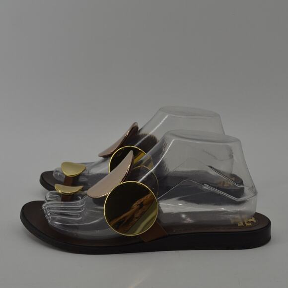 Tory Burch Brown Gold Sandals Circle Plates Size 8 - Picture 11 of 13